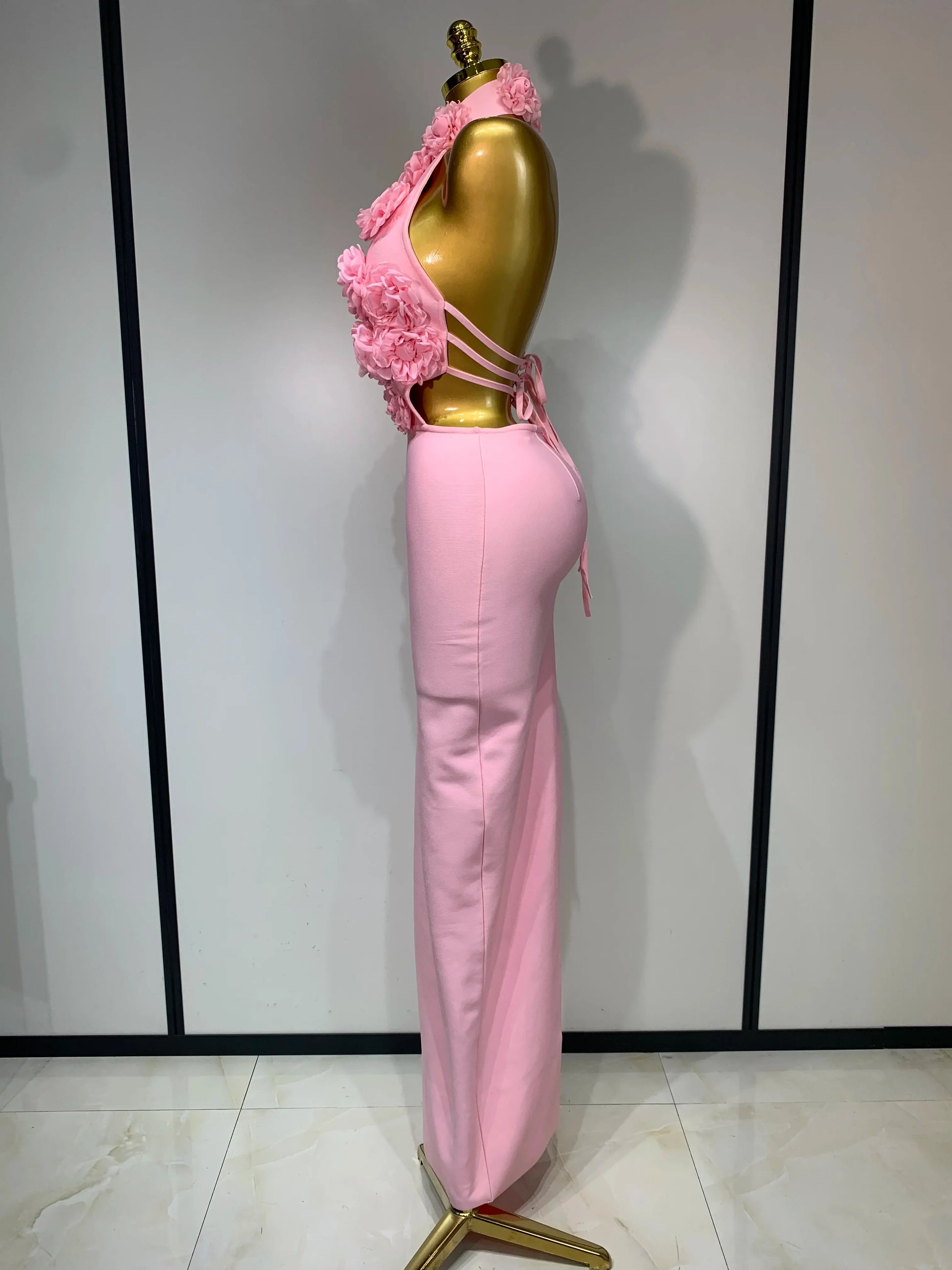 Luxury Birthday Dress Women Celebrity Sexy Halter Backless Flower Long Bandage Bodycon Dress Elegant Evening Party Outfit ﻿