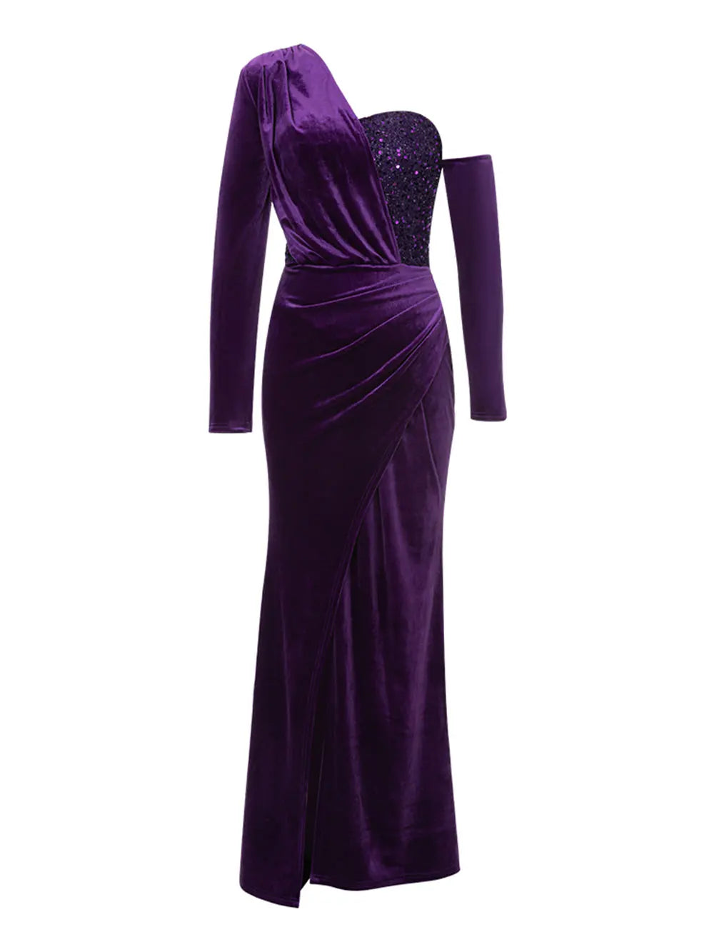 Sexy Women Light Luxury Sparkle Velvet Dress with Diagonal Collar Long Sleeve Draped Bodycon Split Body Long Dress Vestidos