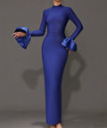 Elegant Women's Black Maxi Dress Stand up Neck Flare Sleeves Bodycon Bandage Long Dresses Cocktail Evening Party Vestidos DEEP BLUE
