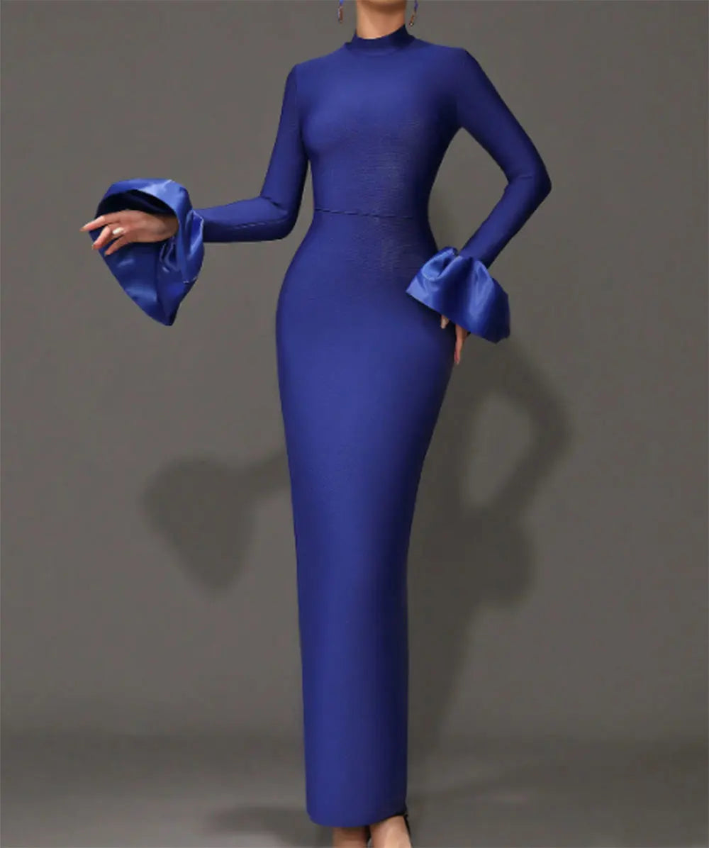 Elegant Women's Black Maxi Dress Stand up Neck Flare Sleeves Bodycon Bandage Long Dresses Cocktail Evening Party Vestidos DEEP BLUE