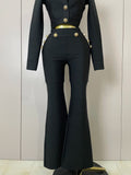 Golden Buttons Short Coat Top And Flare Pants Bandage 2 Pieces Set Woman Celebrity Evening Party Vestidos
