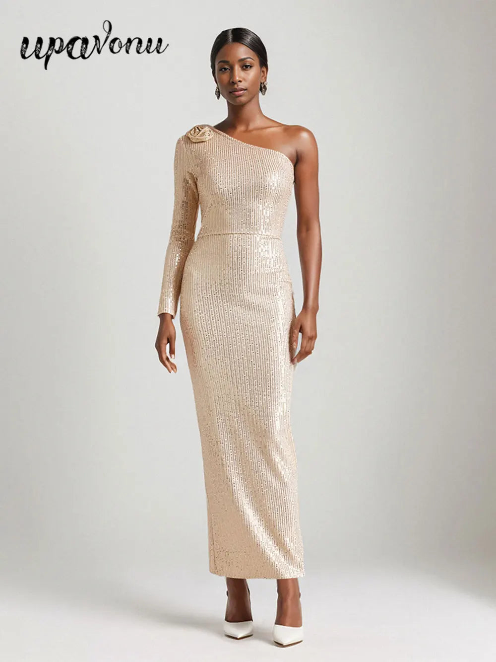 Women's Light Luxury Glitter Dress with Diagonal Collar Single Shoulder Sleeve 3D Flower Decoration Bodycon Long Dresses