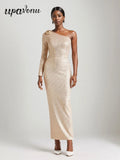 Women's Light Luxury Glitter Dress with Diagonal Collar Single Shoulder Sleeve 3D Flower Decoration Bodycon Long Dresses