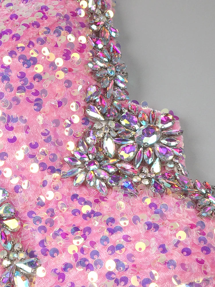 Pink Sparkly Sequins Long Dress Beaded Crystal Feather Embellished High Slit Straight Floor-length Prom Evening Gown Vestidos