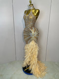 Sparkly Sexy Crystal Floor-Length Feathers Maxi Dress Elegant Evening Party Birthday Performance Prom Dance Stage Costume