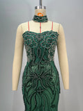 Dark Green Shining Sequin Neck Chain Strapless Ankle Length Dress Woman Cocktail Party Dress Celebrity Birthday Party Vestido