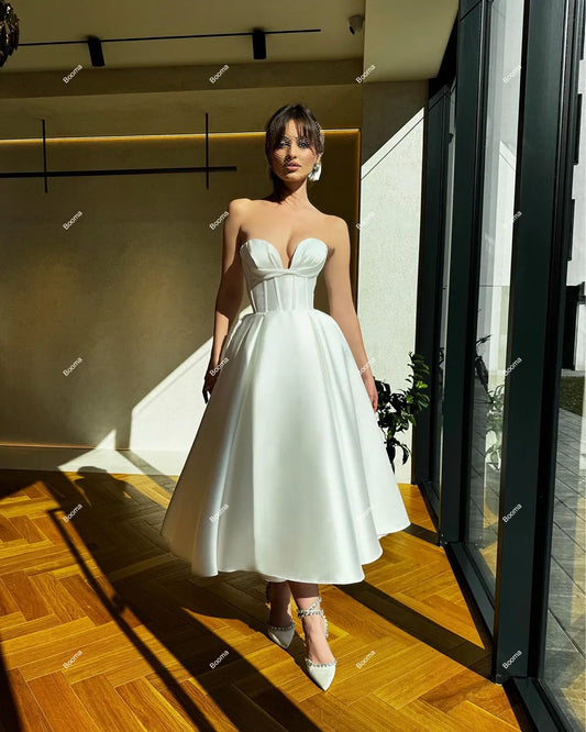 A-Line Midi Hochzeitsfeier Kleider Schatz schläfrelloser Flecken Bräute Kleider Tee Länge Einfache Bridas Abendkleid für Frauen