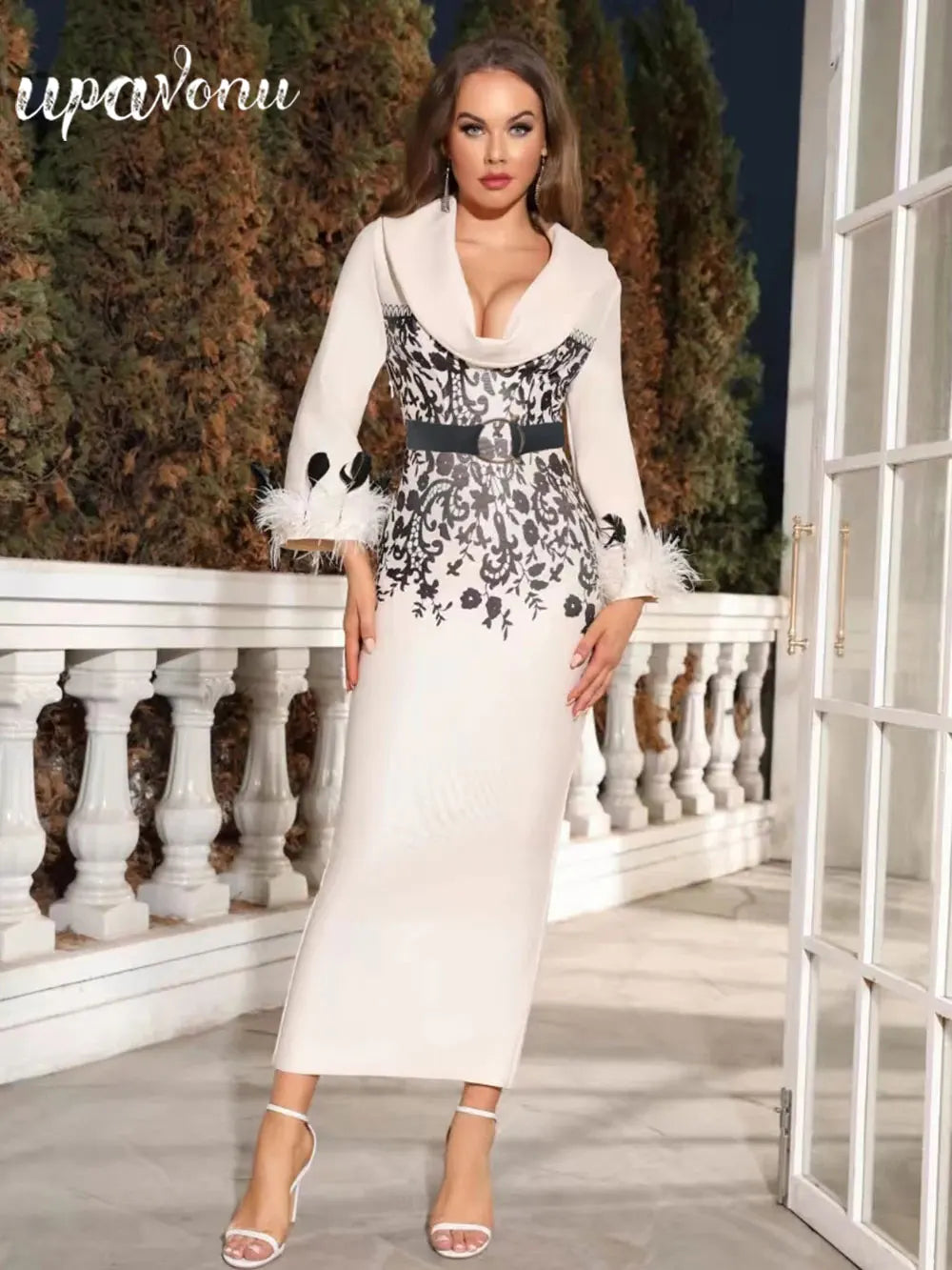 Elegant Women's Long Bandage Dresses with Polo Collar Long Sleeves Feather Decoration Bodycon Print Design Dress+Belt
