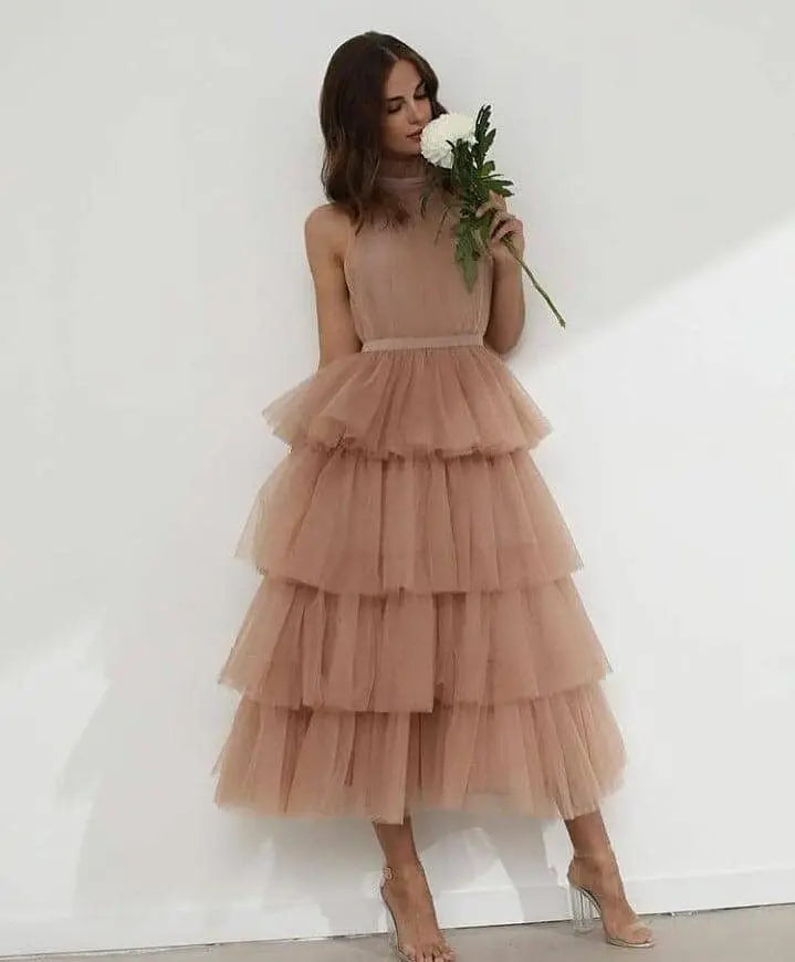 Tiered Tulle Prom Dresses High Neck Tea length A Line Formal Party Prom Gowns Sleelveless Evening Gowns Elegant