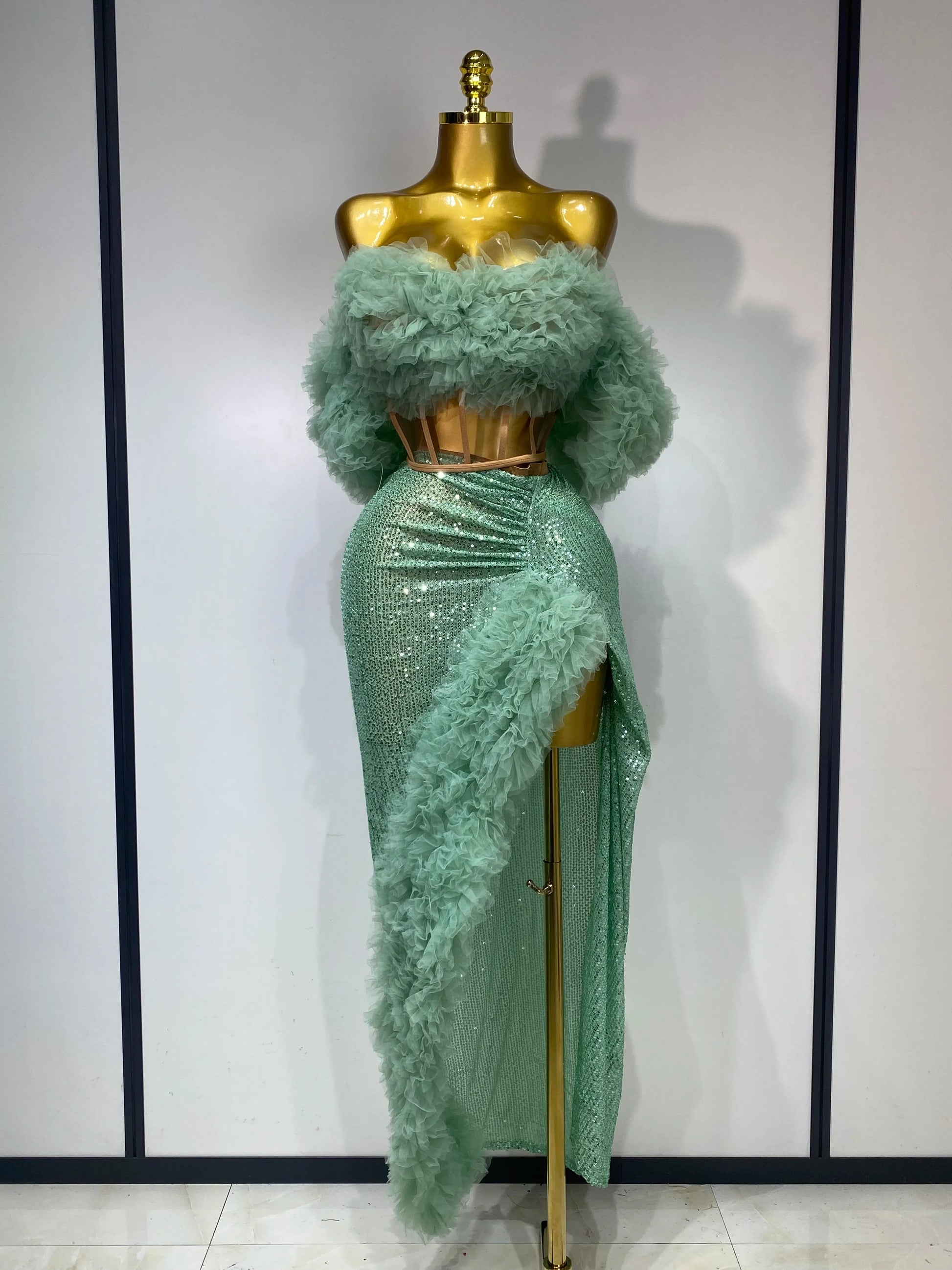Women Sexy Sparkly Sequins Top Long Skirt Two Pieces Set Festival Celebrate Evening Party Luxury Birthday Nightclub Stage Outfit green
