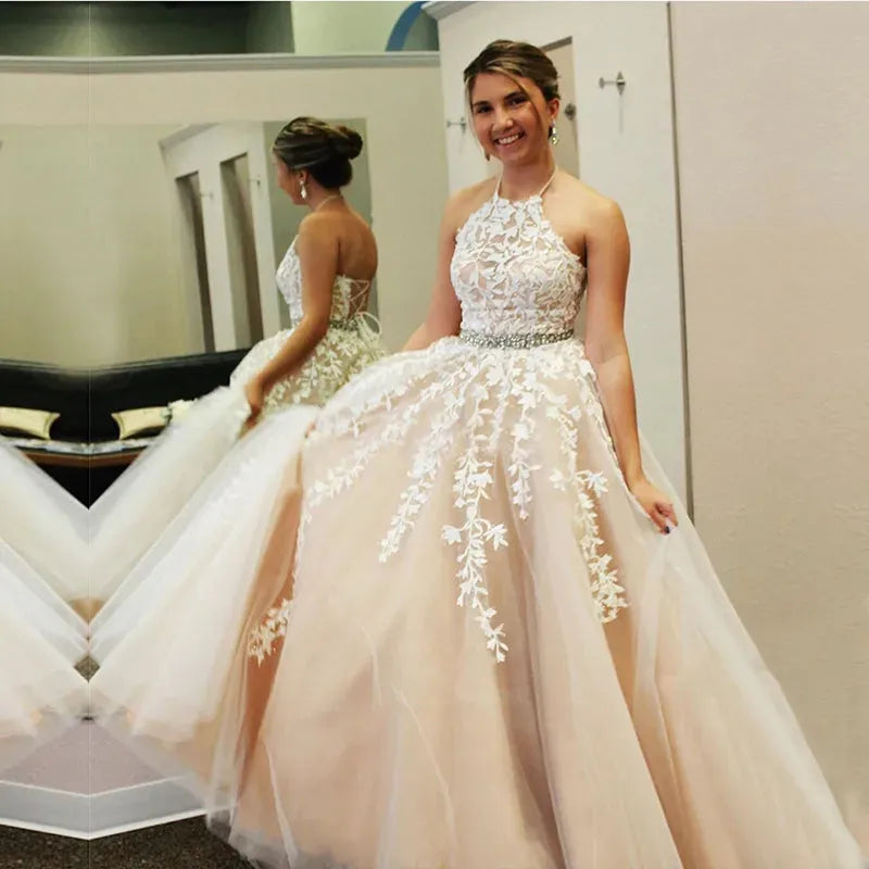 Boho Lace Wedding Dress For Women Sleeveless Halter Bridal Gown Vestido De Novia Bride Party Customi Whole light ivory 26w Boho