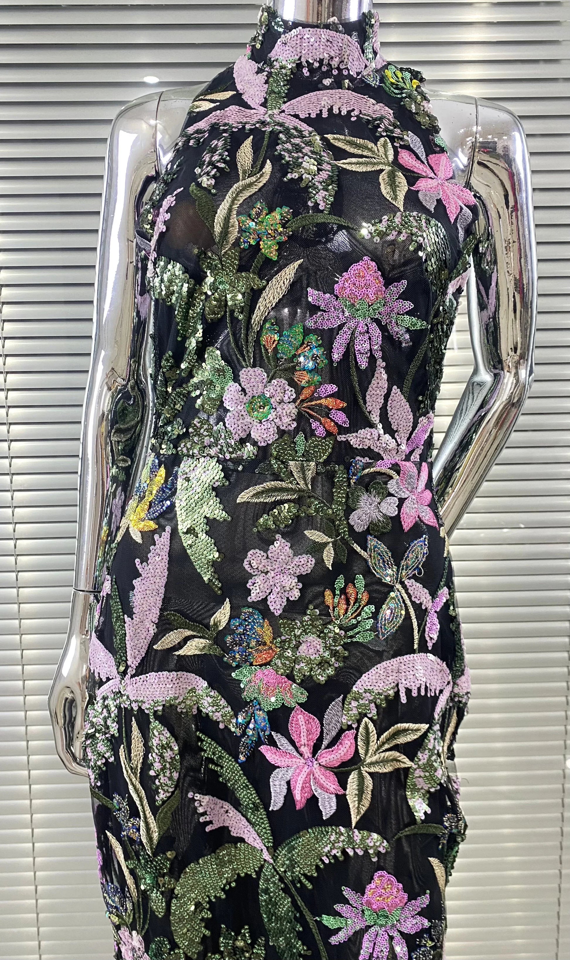 Sequin Flowers Embroidery O-Neck Sleeveless Sheath Ankle Length Dress Gracful Woman Evening Dress Celebrity Party Outfit