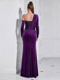 Sexy Women Light Luxury Sparkle Velvet Dress with Diagonal Collar Long Sleeve Draped Bodycon Split Body Long Dress Vestidos