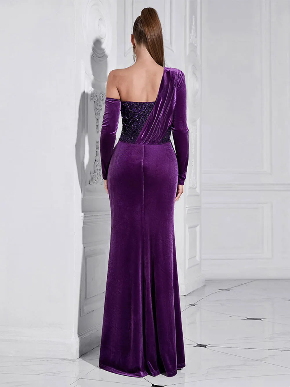 Sexy Women Light Luxury Sparkle Velvet Dress with Diagonal Collar Long Sleeve Draped Bodycon Split Body Long Dress Vestidos