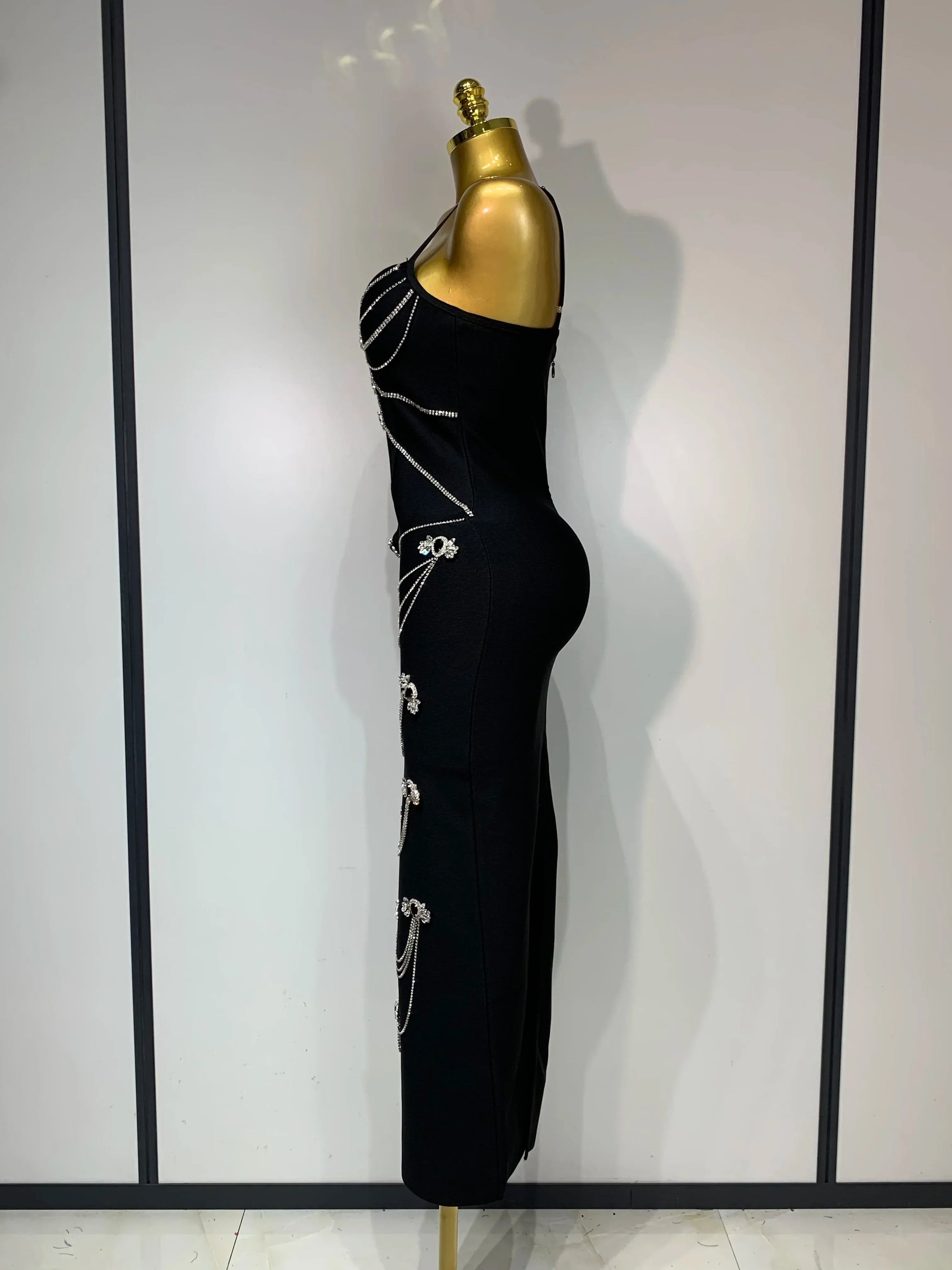 Spaghetti Strap Bodycon Bandage Dress Women Sexy Sparkly Beading Club Evening Party Birthday Dresses Wedding Guest Gown