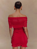 Charming Red Off-Shoulder Dress with Ruched Details for Elegant Dinner Party Evening Gown