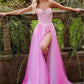 Pink Lace Appliques Tulle Prom Dresses Strapless A-line vestidos de noche Elegant Sleeveless Side Split Formal Evening