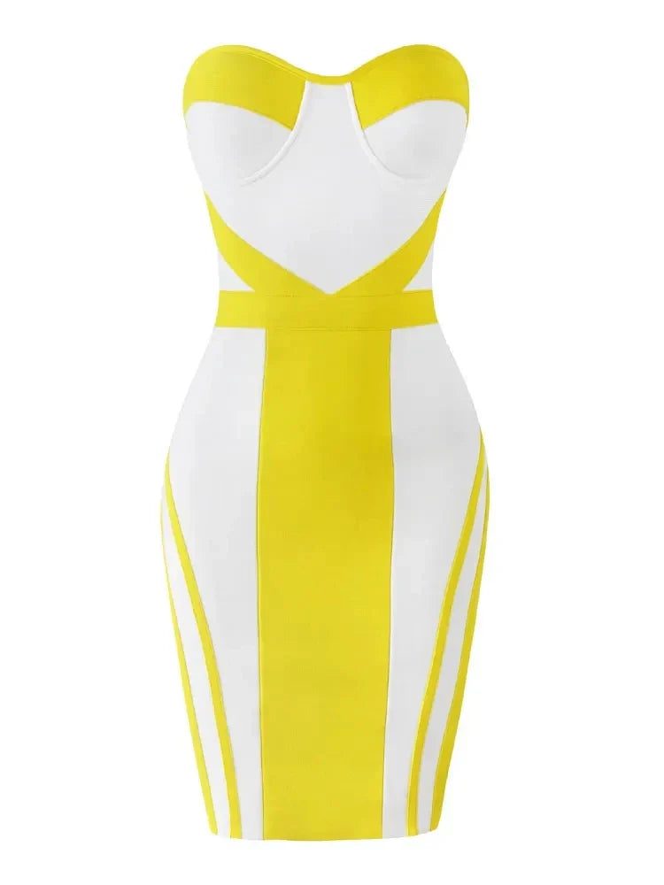 Sexy Women'S Yellow Striped Patchwork White Bandage Dress Strapless Sleeveless Backless Bodycon Mini Dresses Party Vestidos Yellow