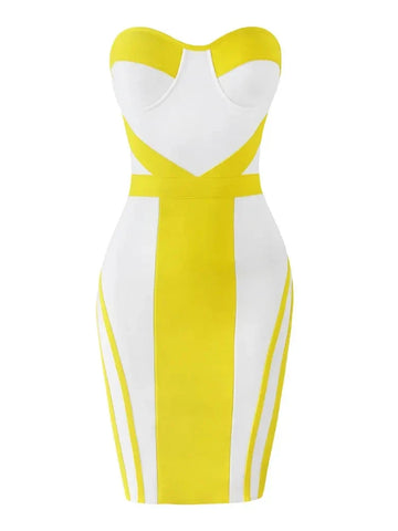 Sexy Women'S Yellow Striped Patchwork White Bandage Dress Strapless Sleeveless Backless Bodycon Mini Dresses Party Vestidos Yellow