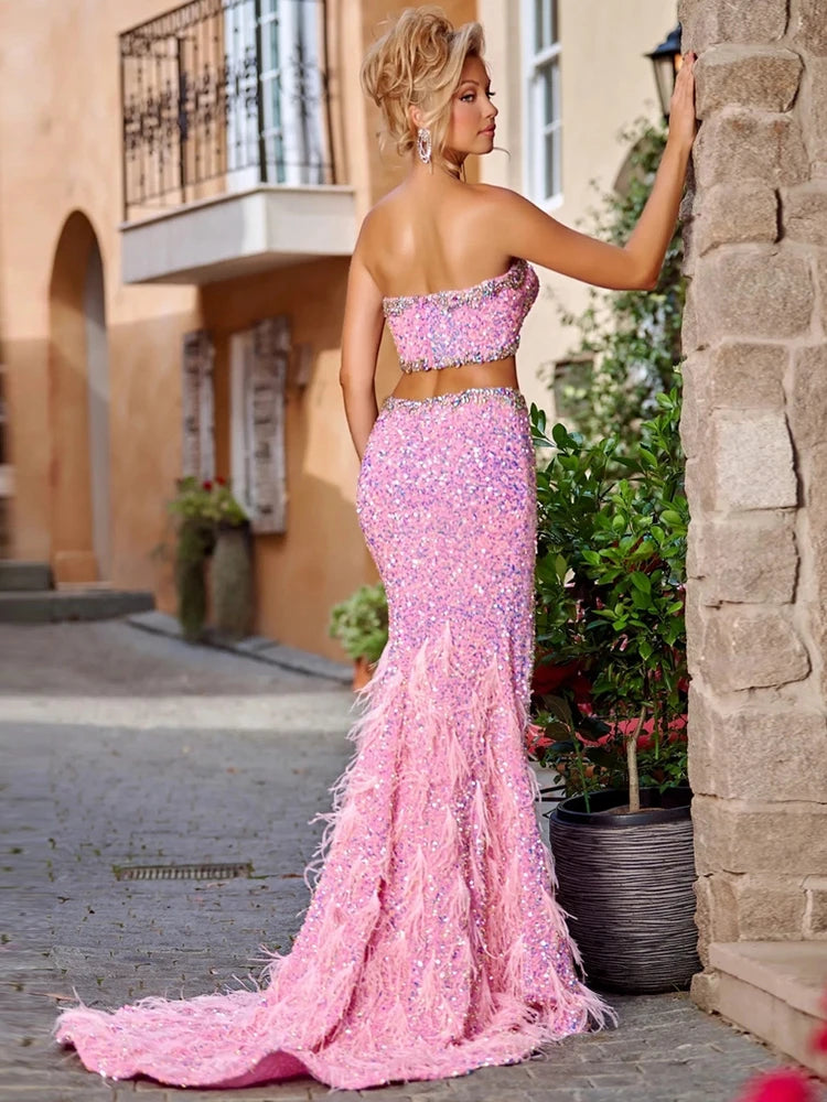 Pink Sparkly Sequins Long Dress Beaded Crystal Feather Embellished High Slit Straight Floor-length Prom Evening Gown Vestidos