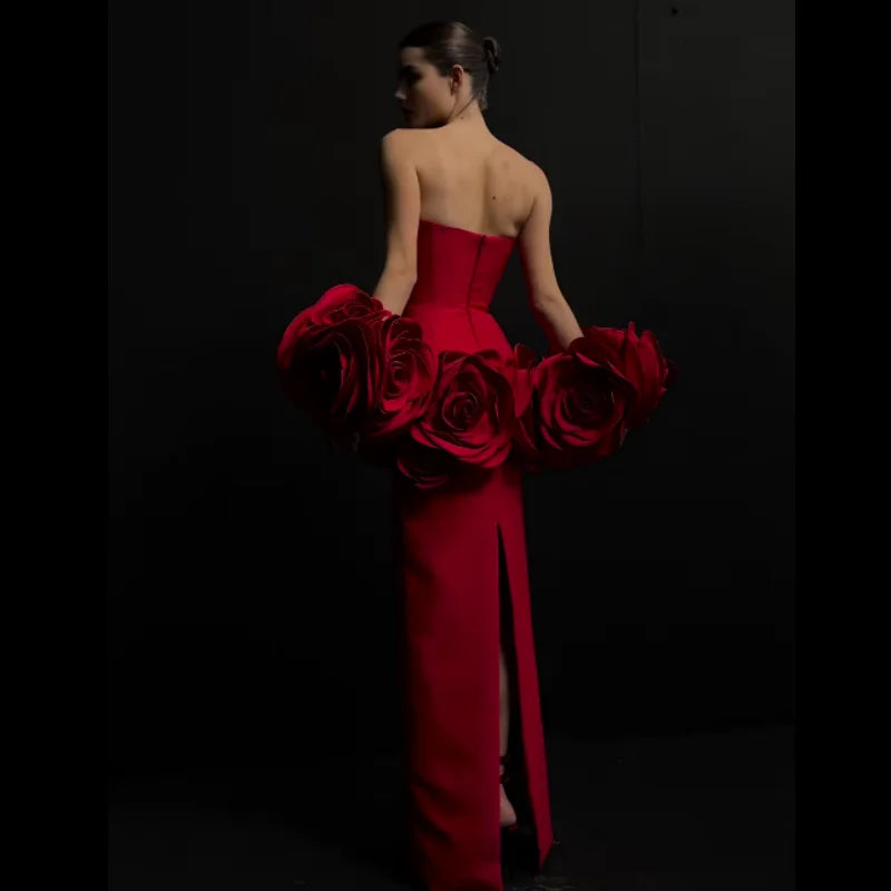 Stereoscopic Flowers Strapless Bandage Ankle Length Evening Dress Fashion Woman Birthday Party Dress Celebrity Party Outfit