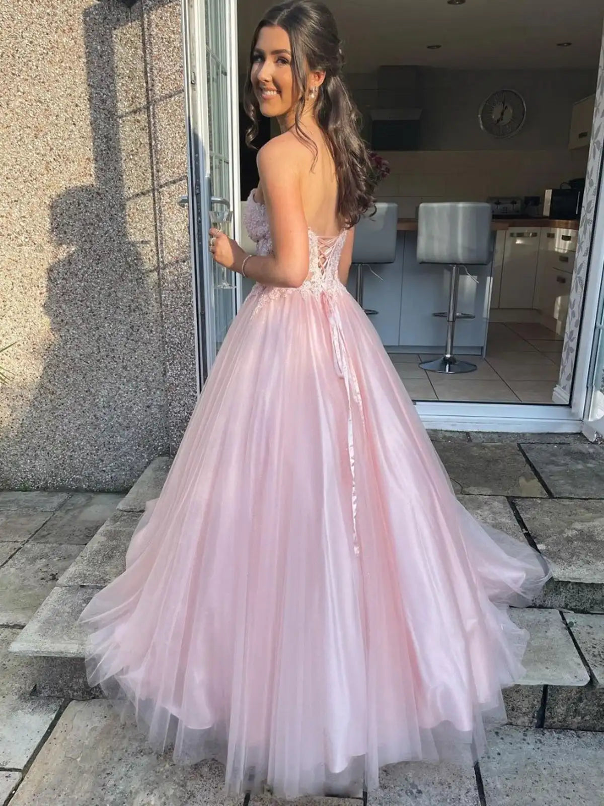 Lace Prom Dresses Tulle Pink Sweetheart Strapless Ball Gown Elegant Strapless Women Graduation Evening Gowns Formal Party