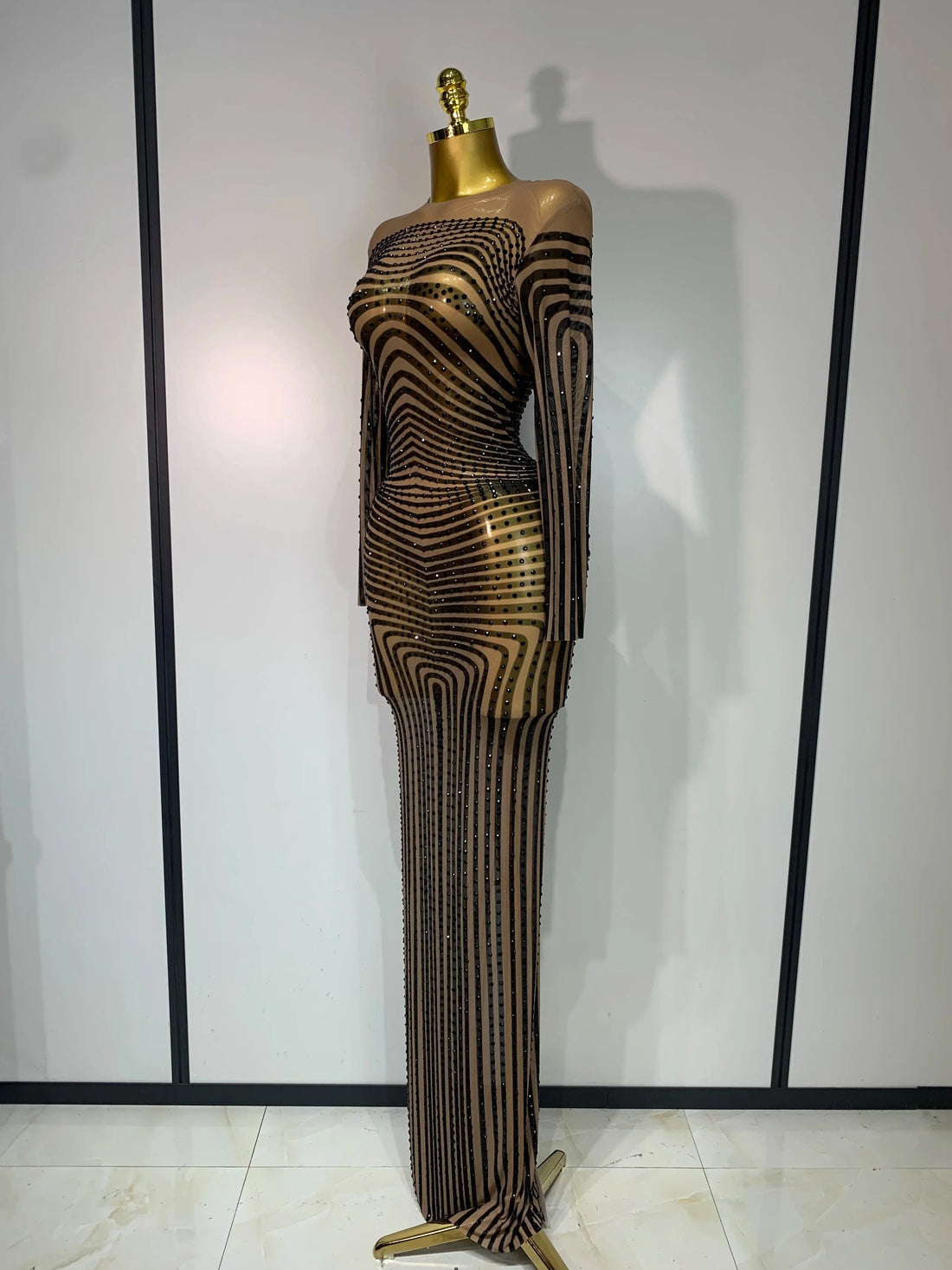 Women Sexy Mesh Perspective Shiny Diamond Dinner Dress Elegant Celebrity Evrning Party BirthdayDress Singer Stage Outfit black