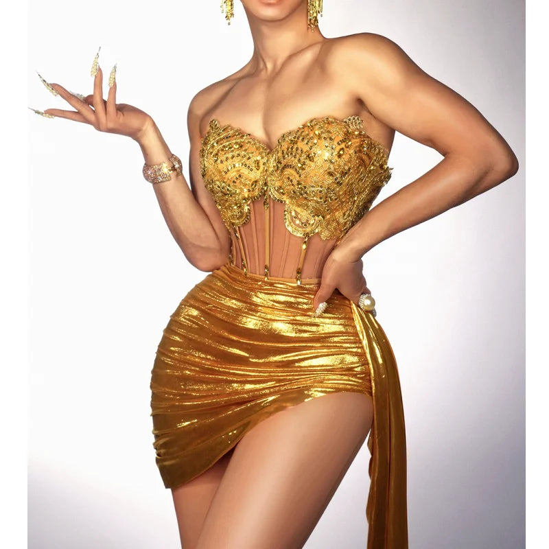 Golden Sparkling Diamonds Sexy See Through STrapless Top And Mini Skirt 2 Pieces Woman Set Party Vestido Performances Costume AS picture