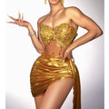 Golden Sparkling Diamonds Sexy See Through STrapless Top And Mini Skirt 2 Pieces Woman Set Party Vestido Performances Costume AS picture