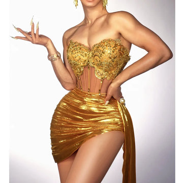 Golden Sparkling Diamonds Sexy See Through STrapless Top And Mini Skirt 2 Pieces Woman Set Party Vestido Performances Costume AS picture