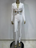 Women Bandage Long Pants Set With Lapel Long Sleeved Nail Bead Design Backless Sexy Ultra Short Jacket+Pants Two-Piece Set WHITE