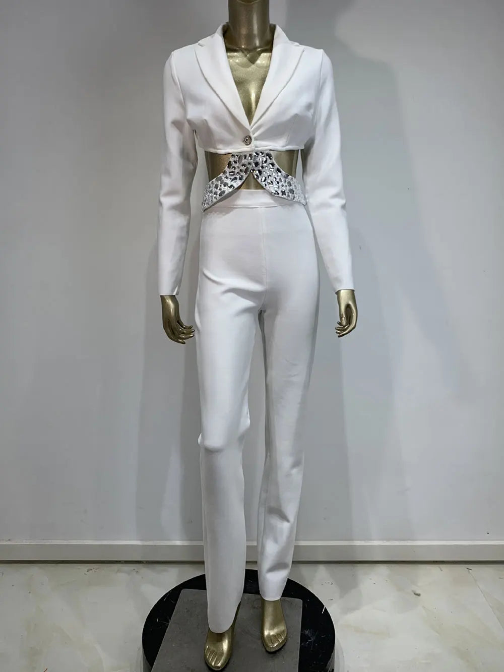 Women Bandage Long Pants Set With Lapel Long Sleeved Nail Bead Design Backless Sexy Ultra Short Jacket+Pants Two-Piece Set WHITE