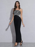 Sexy Strapless Diamond Sequin mesh Patchwork Bodycon Bandage Long Dress Women Fashion Celebrate Evening Party Gowns
