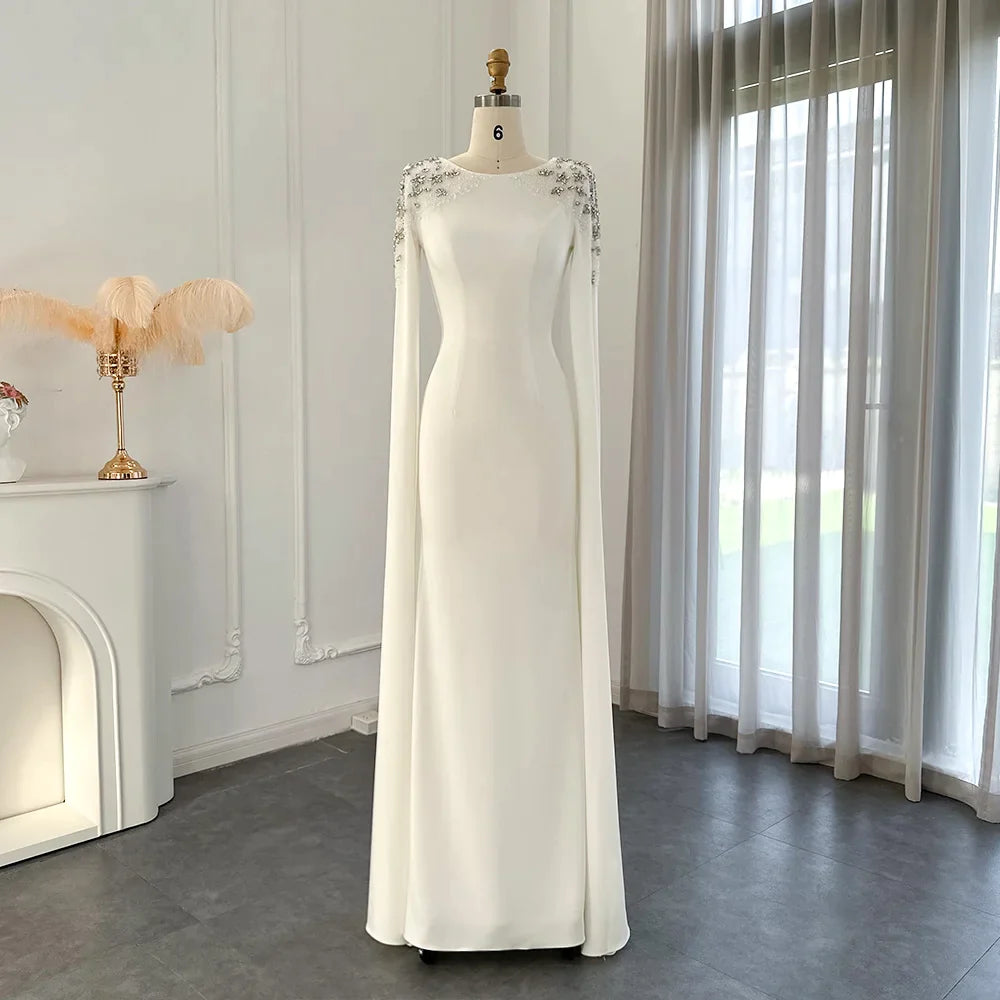 Elegancka biała syrenka Dubai Dubai Evening Dress for Women Party Cape Rleeves Muzułmańskie długie sukienki formalne