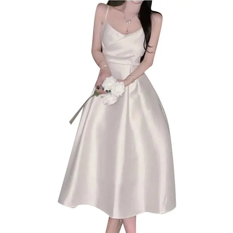 French Luxury White Satin Midi Length Evening Dress for Bride Elegant Sexy Slim Strap Prom Party Dress For Women Vestidos