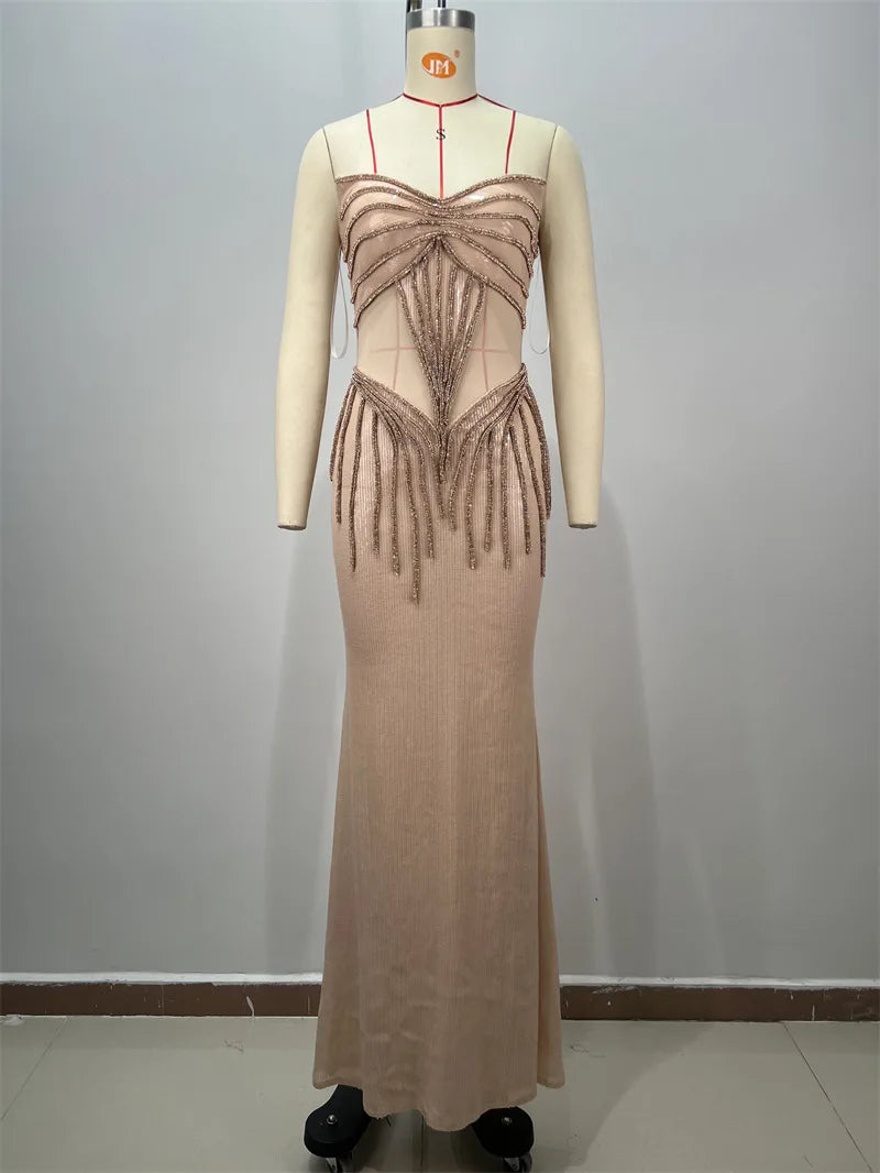 Shining Sequin Sexy Mesh See Through Strapless Ankle Length Dress Woman Evening Party Dress Celebrity Party Vestido