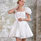 A-Line Short Wedding Party Dresses Square Collar Short Puff Sleeves Brides Dresses Pleat Lace Up Cocktail Dress for Women