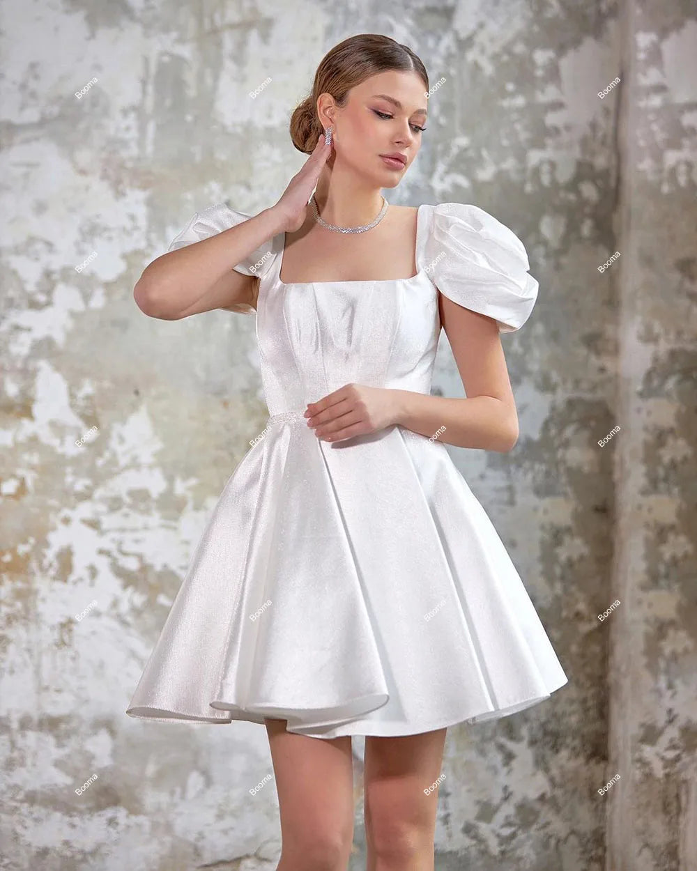 א-קו שמלות מסיבות חתונה קצרות צווארון מרובע שרוולי נפיחות קצרים שמלות שמלות קפלים תחרה שמלת קוקטייל לנשים
