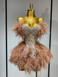 Women Sexy Strapless Mini Two Pieces Set Luxury Birthday Evening Party Dress Bar Nightclub Singer Dancer Stage Outfit Light Brown