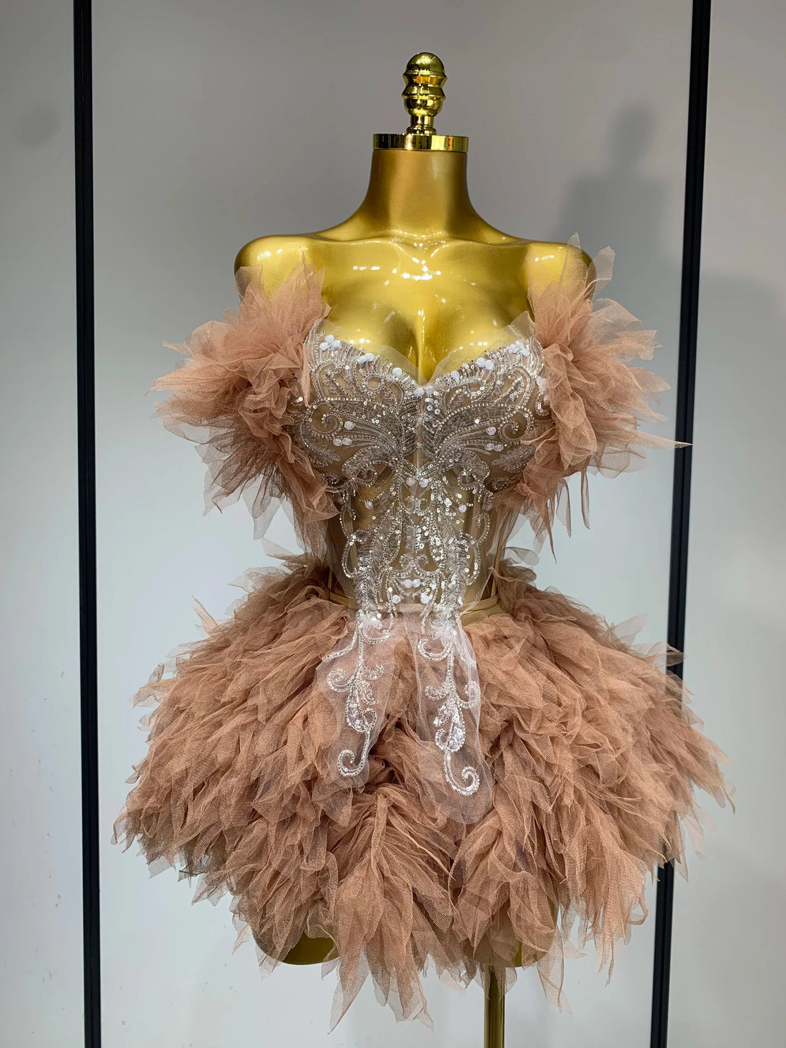 Women Sexy Strapless Two Pieces Set Prom Gown Mini Dress Celebrate Nightclub Party Performance Costume Singer Stage Wear Light Brown