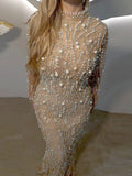 High-Shine Beige Sequins Pearls & Mesh Long Sleeve Dress for Gala Spotlight Party Evening Gown