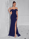 Cocktail Dress For Women Off Shoulder Sexy Floor Length Party Evening Night Outfit Club Formal Wedding Guest Maxi Gala Vestidos Navy Blue