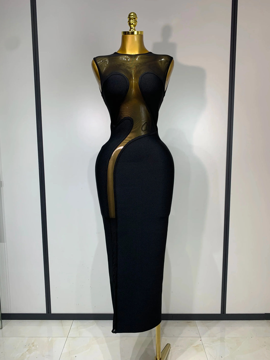 Women Sexy Mesh Patchwork Bandage Round Neck Sleeveless Bandage Dress Celebrity Elegant Evening Party Dress Club Wedding Gown black