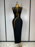 Women Sexy Mesh Patchwork Bandage Round Neck Sleeveless Bandage Dress Celebrity Elegant Evening Party Dress Club Wedding Gown black