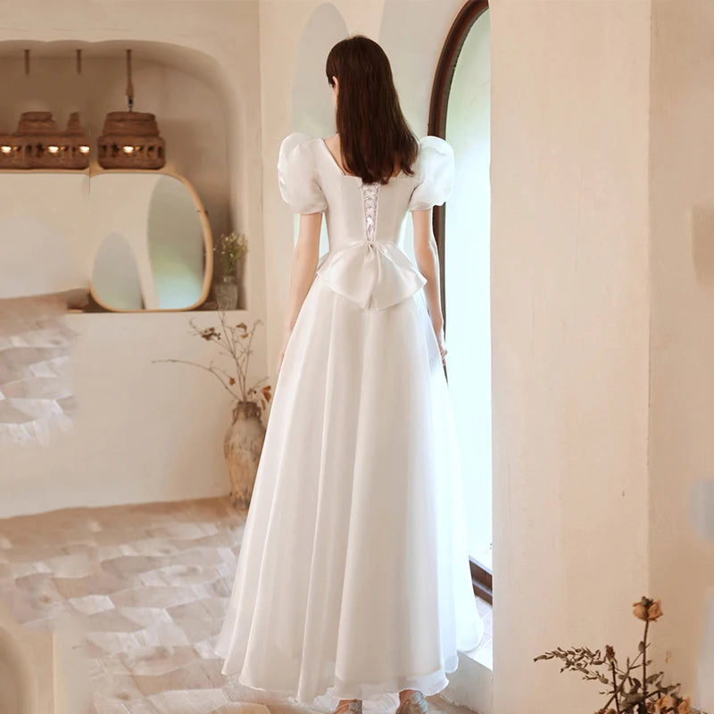 Robe de mariée Maxi en Satin blanc de luxe français, élégante, Sexy, Slim, manches bouffantes, longue robe de soirée de bal pour femmes