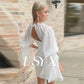 High Neck Long Puff Sleeves Sheath Crepe Mini Wedding Dress For Women Cut Out Back Above Knee Short Bridal Gown