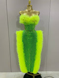Sparkly Rhinestone Sexy Strapless Tops Skirt 2 PCS Set Women Celebrate Evening Prom Birthday Dress Nightclub Stage Outfit Fluorescent Green