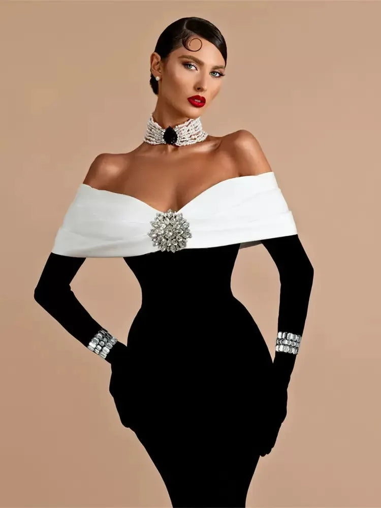 Sexy Off The Shoulder Luxury Diamonds White Patchwork Black Long Bandage Dress Elegant Woman Party Dress Wedding Party Vestido