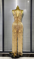 Golden Sequins Tassle Sexy V-Neck Hollow Out Jumpsuit Fashion Woman Woman Party Outfit Stage Performance Costume