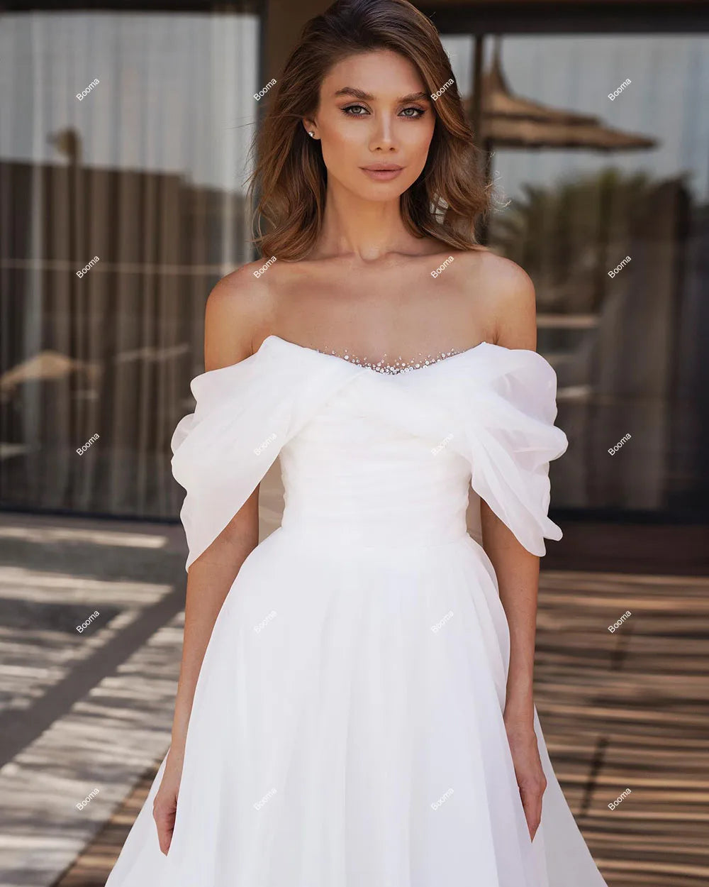 Simple Organza A-Line Wedding Dresses Off Shoulder Pleat Brides Dress High Side Slit Bridals Gowns for Women vestidos